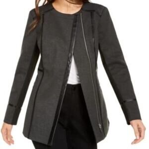 INC International Concepts Faux Leather Trim Moto Jacket Womens Size L Gray